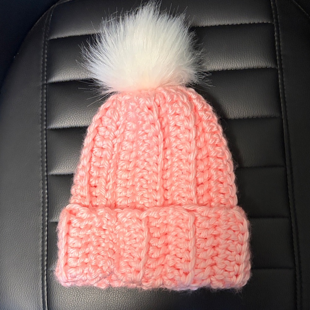 Cozy Pink Knit Pom-Pom Beanie for Kids hand made crochet